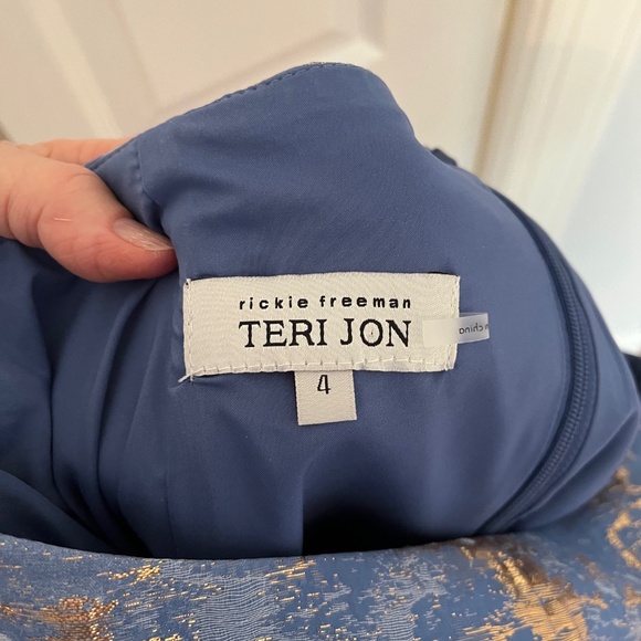 Teri Jon Blue and Silver Asymmetrical Ruched One Shoulder Gown - Picture 4 of 5